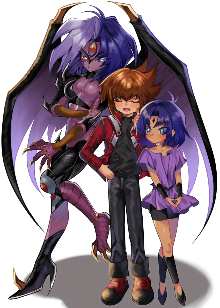 1boy 1girl 1other black_pants black_shorts blue_eyes blue_hair breasts brown_hair closed_eyes colored_skin dark-skinned_female dark_skin demon_wings duel_academy_uniform_(yu-gi-oh!_gx) duel_monster full_body grey_hair highres jacket large_breasts medium_hair multicolored_hair open_clothes open_jacket orange_eyes pants poniponi_funnu purple_skin red_jacket shorts simple_background third_eye two-tone_hair white_background wings yu-gi-oh! yu-gi-oh!_gx yubel yuki_judai