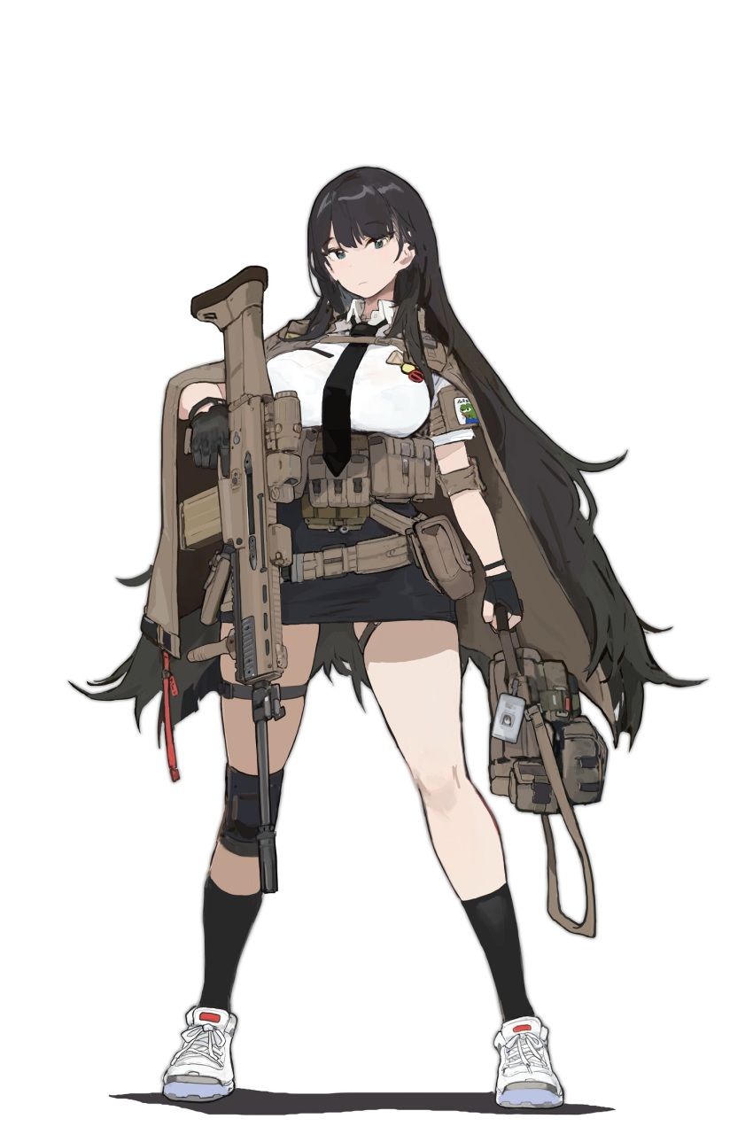 1girl assault_rifle black_gloves black_hair black_necktie black_skirt black_socks breasts cape closed_mouth collared_shirt commentary_request expressionless fn_scar gloves green_eyes gun highres holding holding_gun holding_weapon knee_pads large_breasts load_bearing_equipment looking_at_viewer miniskirt necktie one_(dnjsaos86) original pepe_the_frog rifle shadow shirt shoes short_sleeves simple_background single_knee_pad skirt sneakers socks solo standing thigh_strap thighs weapon white_background white_footwear