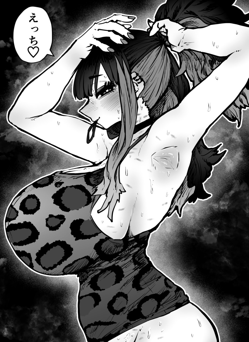 1girl alternate_hairstyle animal_print armpits aroused aura black_hair blush breasts cleavage from_side grey_hair heart highres leopard_print monochrome multicolored_hair nail_polish naughty_face no_panties no_pants ponytail satsuki_ouhara shirt sidelocks smile speech_bubble spoken_heart steam steaming_body streaked_hair sweat sweatdrop teihen_no_daigaku_janaru translated tying_hair zyugoya