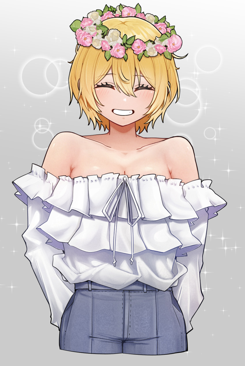 1girl ^_^ absurdres alternate_costume bare_shoulders blonde_hair blush breasts casual cjrb1228 cleavage closed_eyes collarbone cropped_legs don_quixote_(project_moon) facing_viewer grin head_wreath highres limbus_company off-shoulder_shirt off_shoulder project_moon shirt short_hair smile solo white_shirt