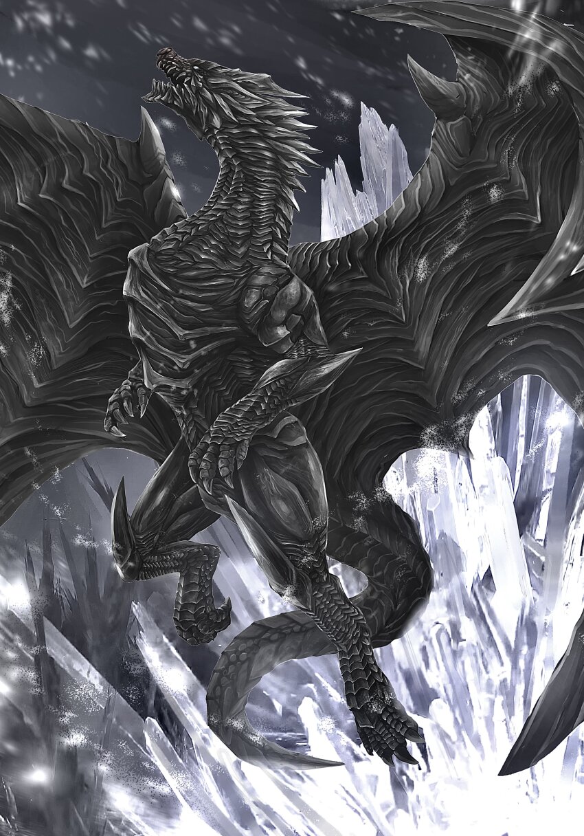 absurdres armor blue_eyes claws dragon dragon_horns dragon_tail highres horns ice kushala_daora monster monster_hunter monster_hunter_(series) monster_hunter_4 no_humans nutuki open_mouth sharp_teeth tail teeth western_dragon wings