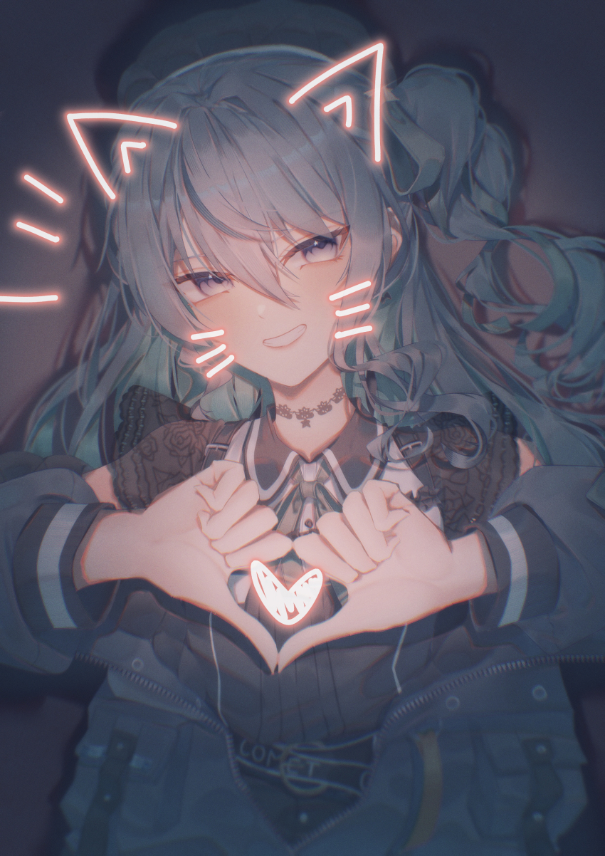 1girl absurdres beret black_hat blue_eyes blue_hair blush breasts choker drawn_ears drawn_whiskers face_filter fake_whiskers hair_between_eyes hair_ribbon hat heart heart_hands highres hololive hoshimachi_suisei hoshimachi_suisei_(casual) jacket jewelry lace lace_choker lace_sleeves long_hair looking_at_viewer official_alternate_costume official_alternate_hair_length official_alternate_hairstyle open_mouth ribbon shirt side_ponytail smile solo star_(symbol) star_in_eye symbol_in_eye touyayawk virtual_youtuber whiskers