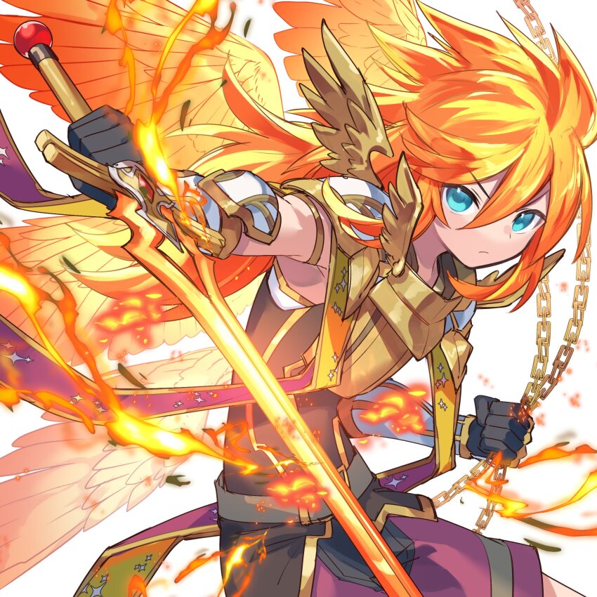 1boy angel archangel_uriel_(p&amp;d) armor blue_eyes chain embers feathered_wings fire gauntlets glowing glowing_sword glowing_weapon highres kuuron_(moesann17) long_hair orange_hair puzzle_&amp;_dragons solo weapon wings