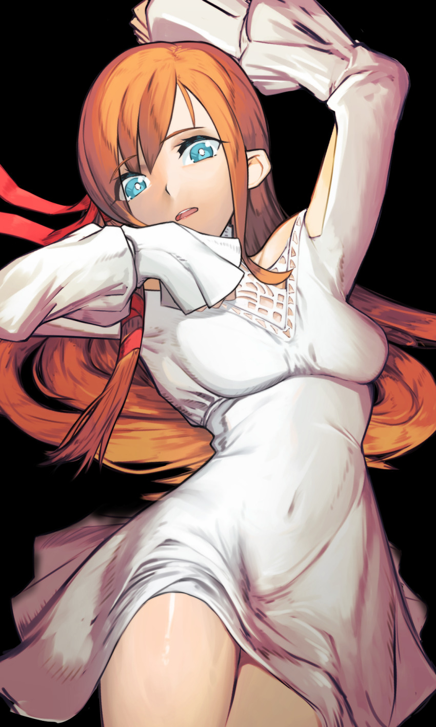 1girl arms_up black_background blue_eyes breasts covered_navel dress dxsyotyu eyebrows_hidden_by_hair feet_out_of_frame final_fantasy final_fantasy_xiv hair_between_eyes hair_ribbon highres long_hair looking_at_viewer lying medium_breasts on_back orange_hair red_ribbon ribbon ryne_waters shadow solo teeth upper_teeth_only very_long_hair white_dress