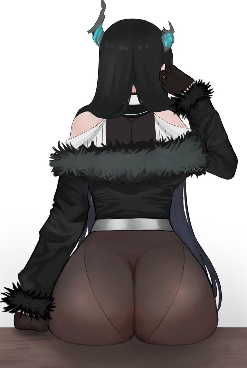 1girl ass ass_focus asymmetrical_horns back bare_shoulders black_hair blue_hair facing_away from_behind fur_trim hair_ornament highres hololive hololive_english horns huge_ass leotard linllynv long_hair nerissa_ravencroft nerissa_ravencroft_(1st_costume) sitting solo uneven_horns virtual_youtuber