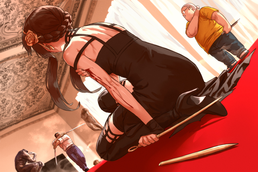 black_dress blood blood_on_arm crossover dress fullmetal_alchemist glasses haraya_manawari highres holding holding_knife holding_weapon king_bradley knife sakamoto_days sakamoto_taro spy_x_family statue sword tagme weapon wrath_(fma) yor_briar