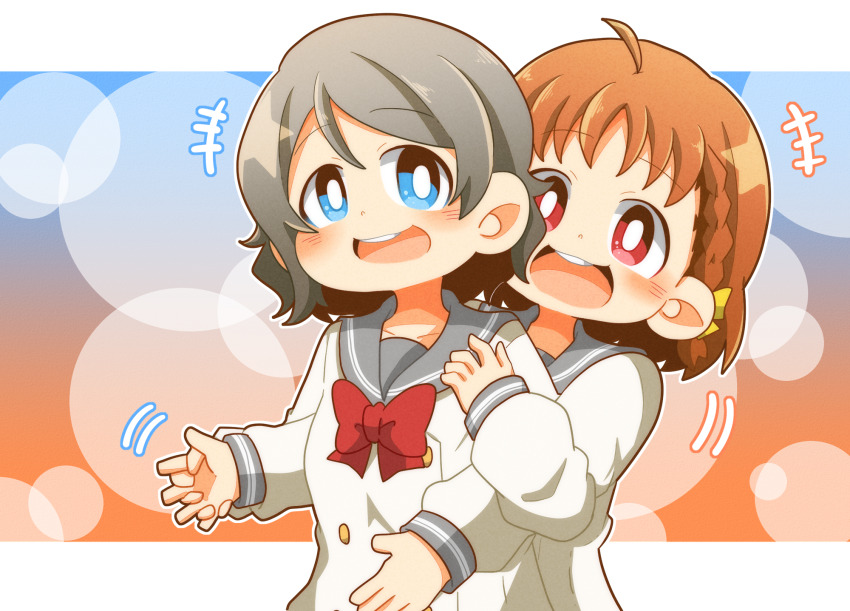 +++ 2girls :d ;d ahoge blue_background blue_eyes blush bow bowtie braid bright_pupils buttons collarbone commentary_request double-breasted gentaro_(g_teall) gradient_background grey_hair grey_sailor_collar hair_bow highres holding_hands interlocked_fingers letterboxed long_sleeves looking_at_viewer love_live! love_live!_sunshine!! motion_lines multiple_girls one_eye_closed open_mouth orange_background orange_hair outline outside_border red_bow red_bowtie red_eyes sailor_collar school_uniform serafuku shirt short_hair side_braid single_braid smile takami_chika teeth upper_teeth_only uranohoshi_school_uniform watanabe_you white_outline white_pupils white_shirt winter_uniform yellow_bow