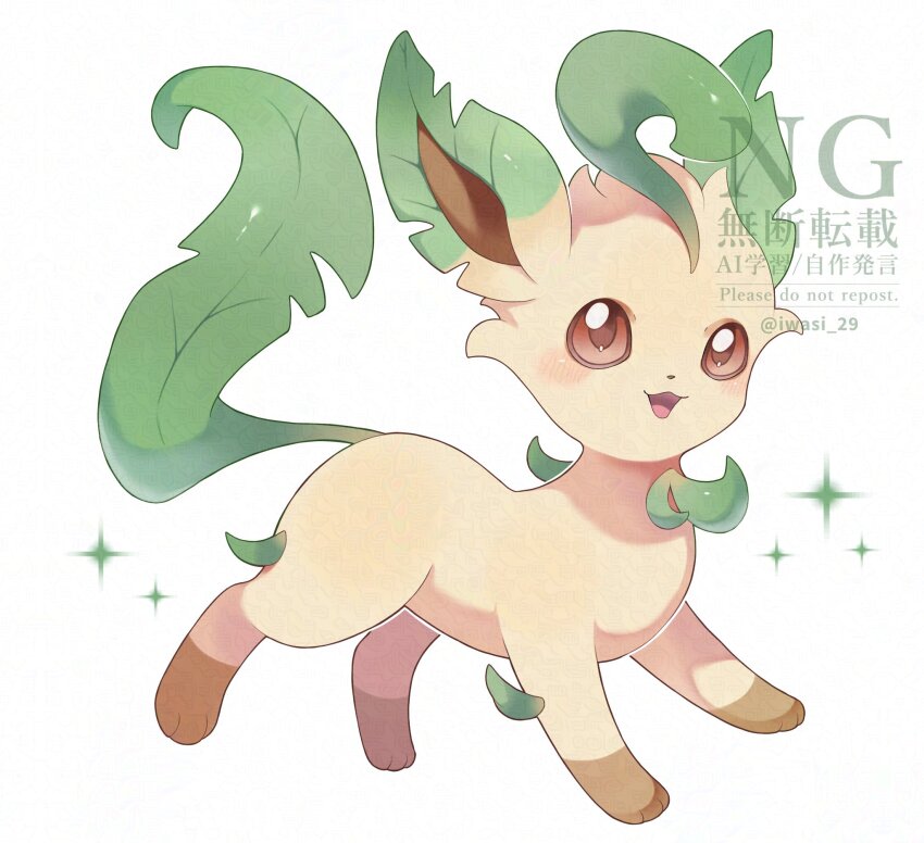 animal_focus blush bright_pupils brown_eyes creatures_(company) full_body game_freak gen_4_pokemon highres iwasi_29 leafeon looking_up nintendo no_humans open_mouth pokemon pokemon_(creature) smile solo white_background white_pupils