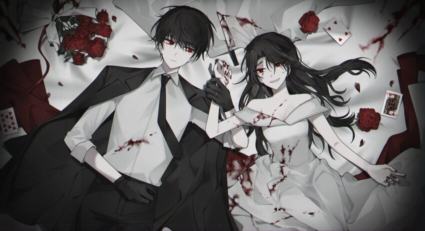 1boy 1girl black_gloves black_hair black_jacket black_pants blood blood_on_clothes bouquet collared_shirt dress flower genderswap genderswap_(mtf) gloves hetero highres holding_another&#039;s_wrist ino_(1hjzuy) jacket jacket_on_shoulders long_hair lying on_back on_bed ooe_(game) oosaki_(ooe) pale_skin pants red_eyes red_flower red_nails red_rose rose shirt short_hair takeshiba_(ooe) white_dress white_shirt