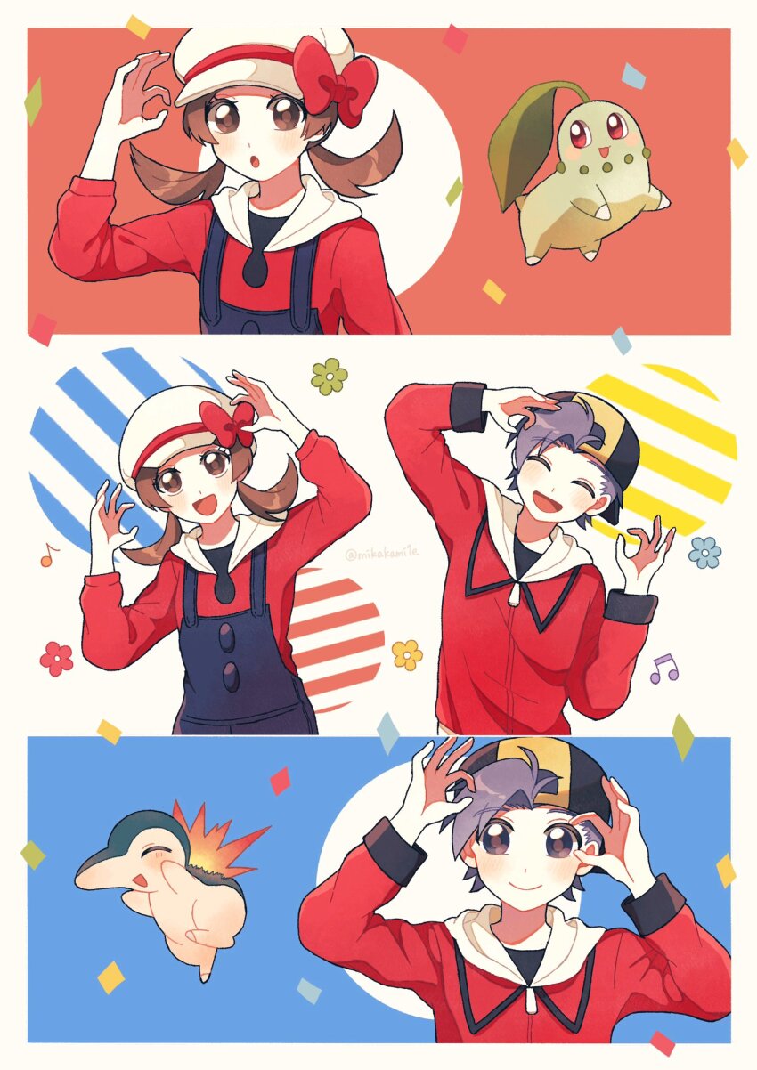 1boy 1girl :d :o ^_^ backwards_hat black_hat blue_overalls blush bow brown_eyes brown_hair cabbie_hat chikorita closed_eyes commentary_request confetti creatures_(company) cyndaquil ethan_(pokemon) game_freak gen_2_pokemon grey_eyes grey_hair hands_up hat hat_bow highres jacket leaf long_sleeves lyra_(pokemon) medium_hair mikakami1e musical_note nintendo ok_sign open_mouth overalls parody pokemon pokemon_(creature) pokemon_hgss red_bow red_jacket red_ribbon red_shirt ribbon shirt skip_to_loafer smile twintails twitter_username white_hat zipper_pull_tab