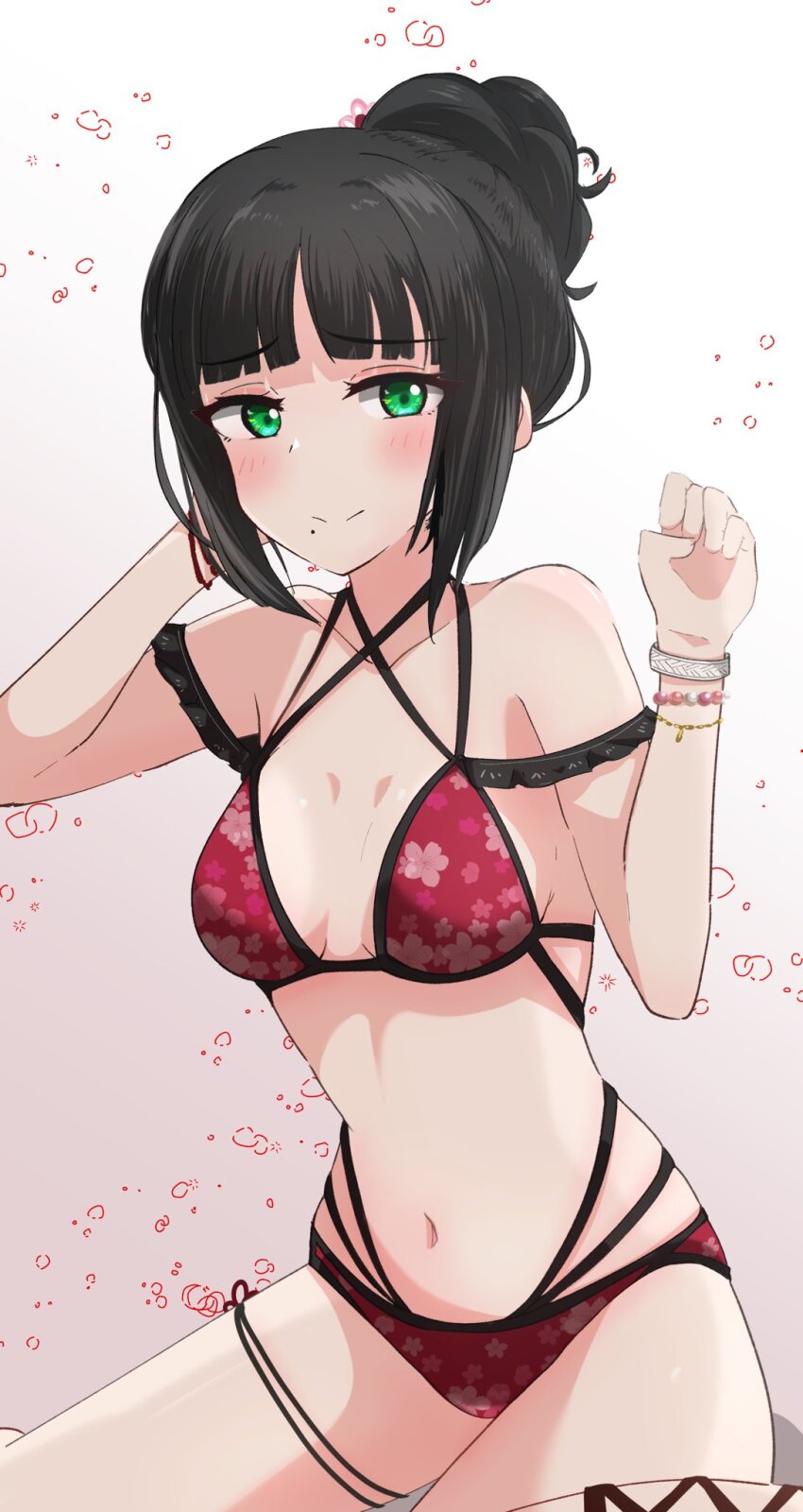 1girl bead_bracelet beads bikini black_hair blunt_bangs blush bracelet breasts breasts_apart closed_mouth collarbone commentary_request furrowed_brow hair_bun hands_up highres jewelry kurosawa_dia kurosawa_dia_(dengeki_g&#039;s_poster_swimsuit) looking_at_viewer love_live! love_live!_sunshine!! medium_breasts mole mole_under_mouth navel red_bikini sidelocks solo stomach swimsuit upper_body yunite68