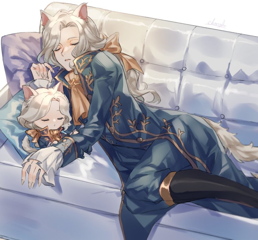 1boy animal_ears artist_name bow cat_ears couch formal_clothes grey_hair identity_v joseph_desaulniers long_hair lying mini_photographer open_mouth sleeping solo suit tail white_hair white_tail yellow_bow