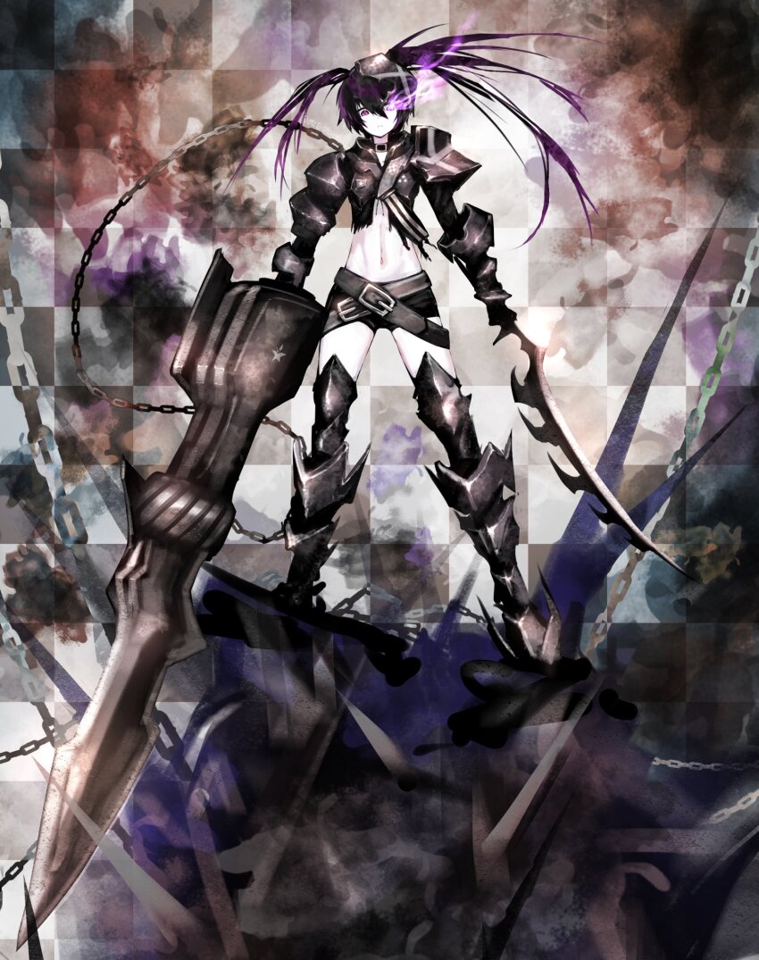 1girl armor armored_boots asymmetrical_dual_wielding belt belt_skirt black_hair black_rock_shooter black_rock_shooter_(character) black_shorts boots chain dual_wielding fire flaming_eye gauntlets glowing glowing_eye greaves highres huge_weapon insane_black_rock_shooter loose_belt mutomorokoshi purple_fire shorts stitches sword twintails uneven_twintails weapon