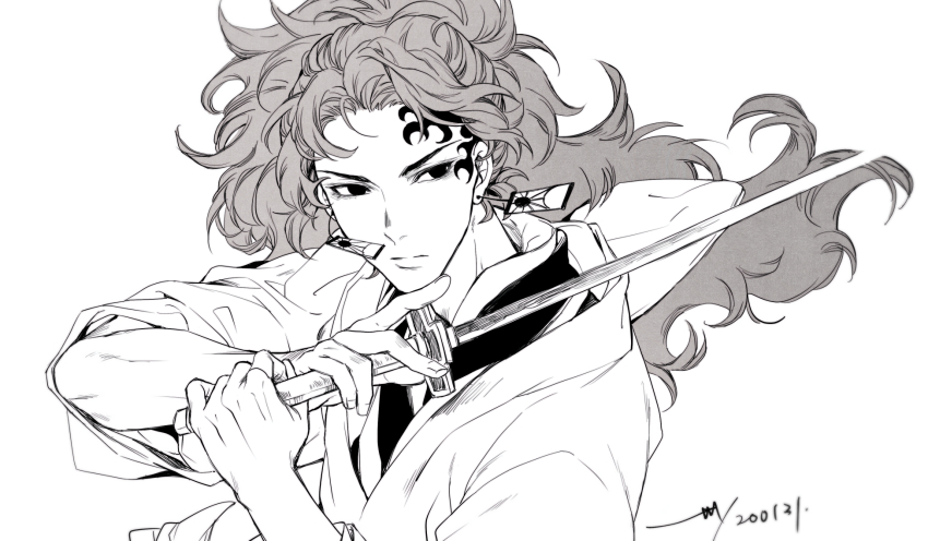 1boy closed_mouth dated earrings facial_mark floating_hair from_side hanafuda_earrings hands_up highres holding holding_sword holding_weapon japanese_clothes jewelry katana kimetsu_no_yaiba kimono long_hair long_sleeves looking_to_the_side ponytail sashiyu sideways_glance signature simple_background solo sword tsugikuni_yoriichi unsheathed upper_body weapon