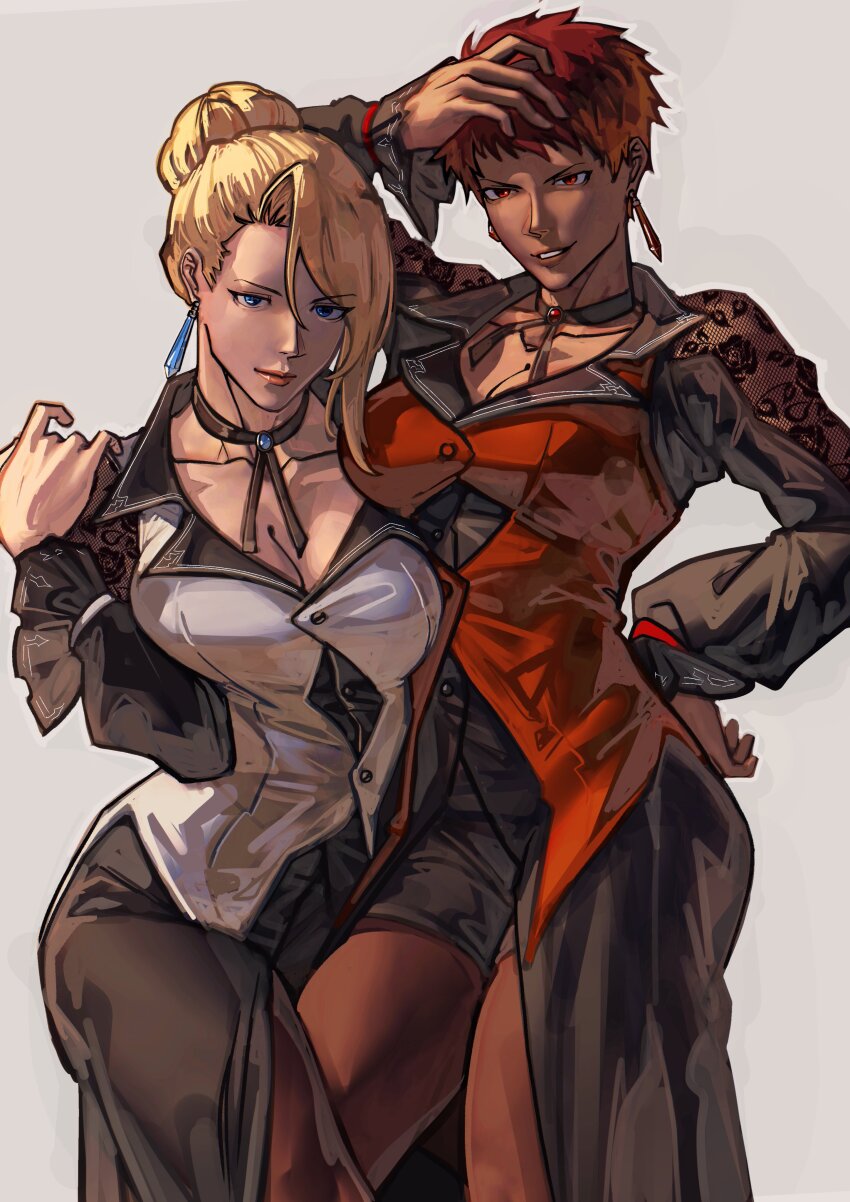 2girls absurdres black_skirt blonde_hair blue_eyes breasts brown_hair earrings hand_on_own_face hand_on_own_hip highres jewelry looking_at_viewer mature_(kof) multiple_girls pantyhose red_eyes red_shirt shirt short_hair skirt syachiiro the_king_of_fighters the_king_of_fighters_xv vice_(kof) white_shirt