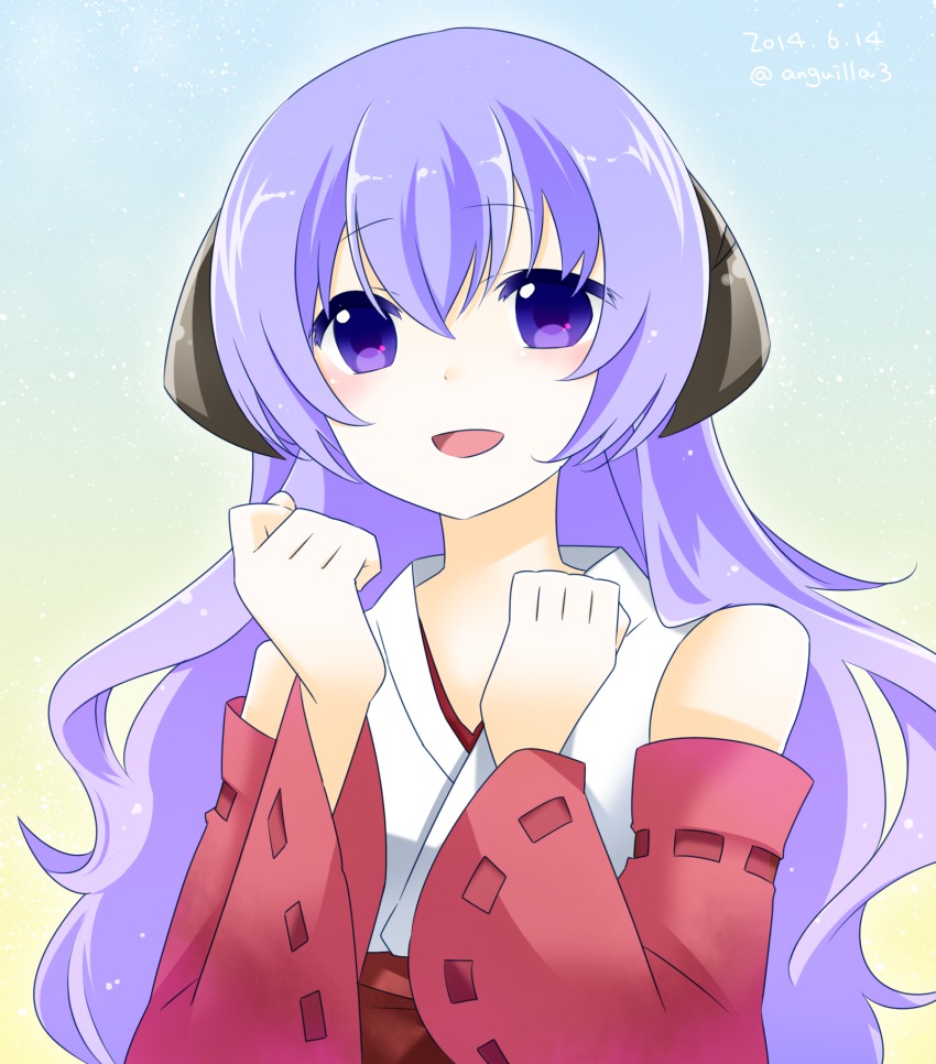 1girl detached_sleeves female_focus hanyuu highres higurashi_no_naku_koro_ni horns japanese_clothes kiriko miko open_mouth purple_eyes purple_hair solo