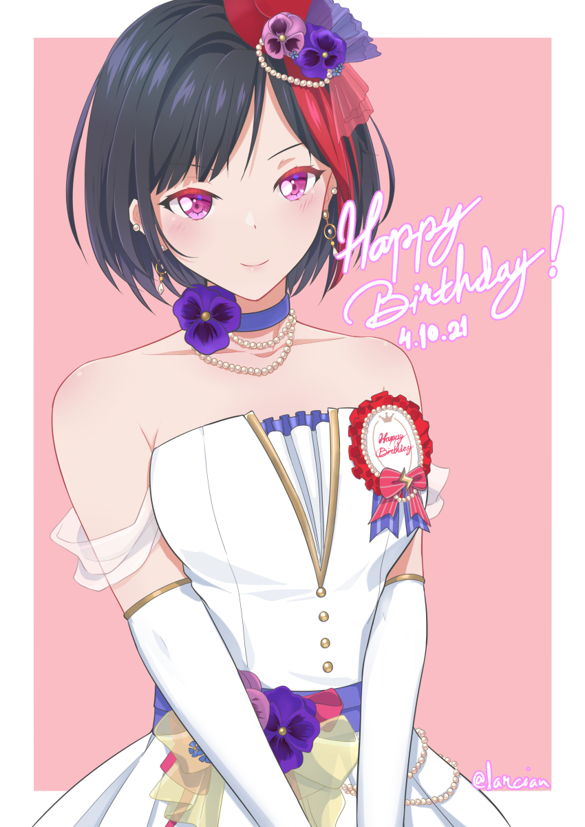 1girl absurdres bang_dream! bare_shoulders bead_necklace beads black_hair blue_choker blush border choker closed_mouth collarbone commentary cowboy_shot dated dress ear_piercing earrings elbow_gloves flower gloves hair_flower hair_ornament happy_birthday highres ikko15 jewelry mitake_ran multicolored_hair necklace outside_border piercing pink_background pink_eyes red_hair red_streaks short_hair simple_background smile solo strapless strapless_dress streaked_hair white_border white_dress white_gloves