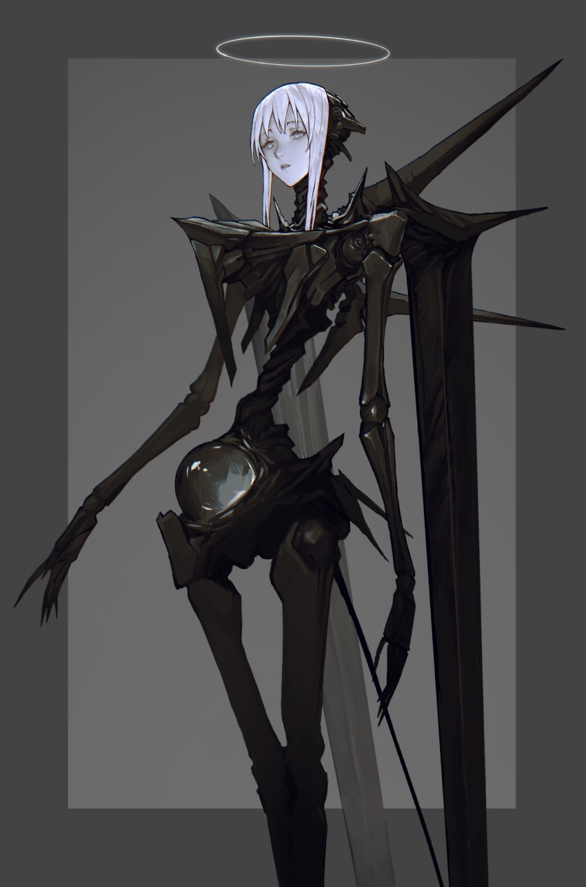 1girl absurdres alternate_form arms_at_sides black_wings blame! border cibo expressionless feet_out_of_frame gradient_border grey_background grey_border half-closed_eyes halo highres iuui legs_together nose outside_border pale_skin short_hair skinny solo standing tall white_hair wings