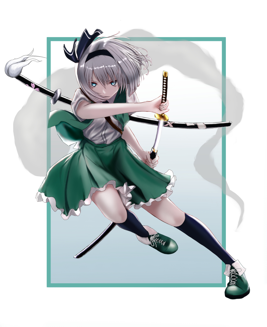 1girl absurdres bad_id bad_pixiv_id black_legwear bob_cut drawing_sword expressionless frilled_skirt frills green_eyes green_skirt green_vest hair_between_eyes hairband highres holding holding_sword holding_weapon katana konpaku_youmu konpaku_youmu_(ghost) looking_at_viewer sheath shirt shoes short_hair short_sleeves silver_hair skirt sneakers solo sword touhou vest weapon white_shirt yabacha