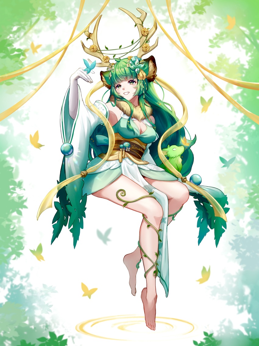 1girl absurdres animal_ear_fluff animal_ears antler_ornament antlers barefoot breasts bug butterfly cleavage cleavage_cutout clothing_cutout detached_sleeves dress flower fur-trimmed_dress fur_trim green_dress green_eyes green_hair green_sleeves hair_flower hair_ornament haruka_karibu highres horns insect large_breasts legs long_hair looking_at_viewer reindeer_antlers reindeer_girl smile solo toenails toes tolo_mag virtual_youtuber vshojo