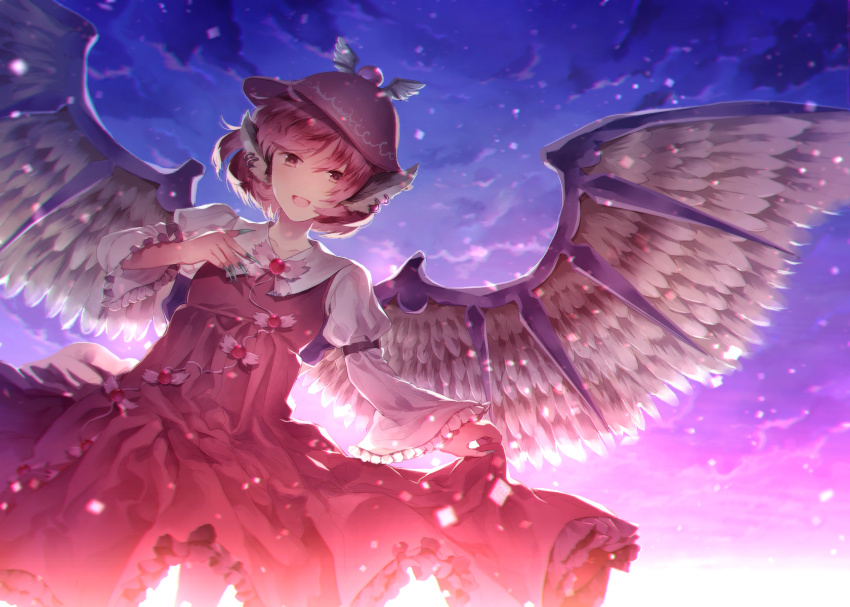 1girl :d animal_ears arm_garter bird_wings bow bowtie brooch brown_dress clothes_lift dress dress_lift dutch_angle female_focus fingernails frilled_sleeves frills hat highres jewelry juliet_sleeves lifting_own_clothes light_particles long_fingernails long_sleeves looking_at_viewer mob_cap mystia_lorelei open_mouth pink_bow pink_bowtie pink_eyes pink_hair puffy_sleeves sharp_fingernails short_hair skirt_hold smile solo spread_wings sunakumo touhou wide_sleeves wings