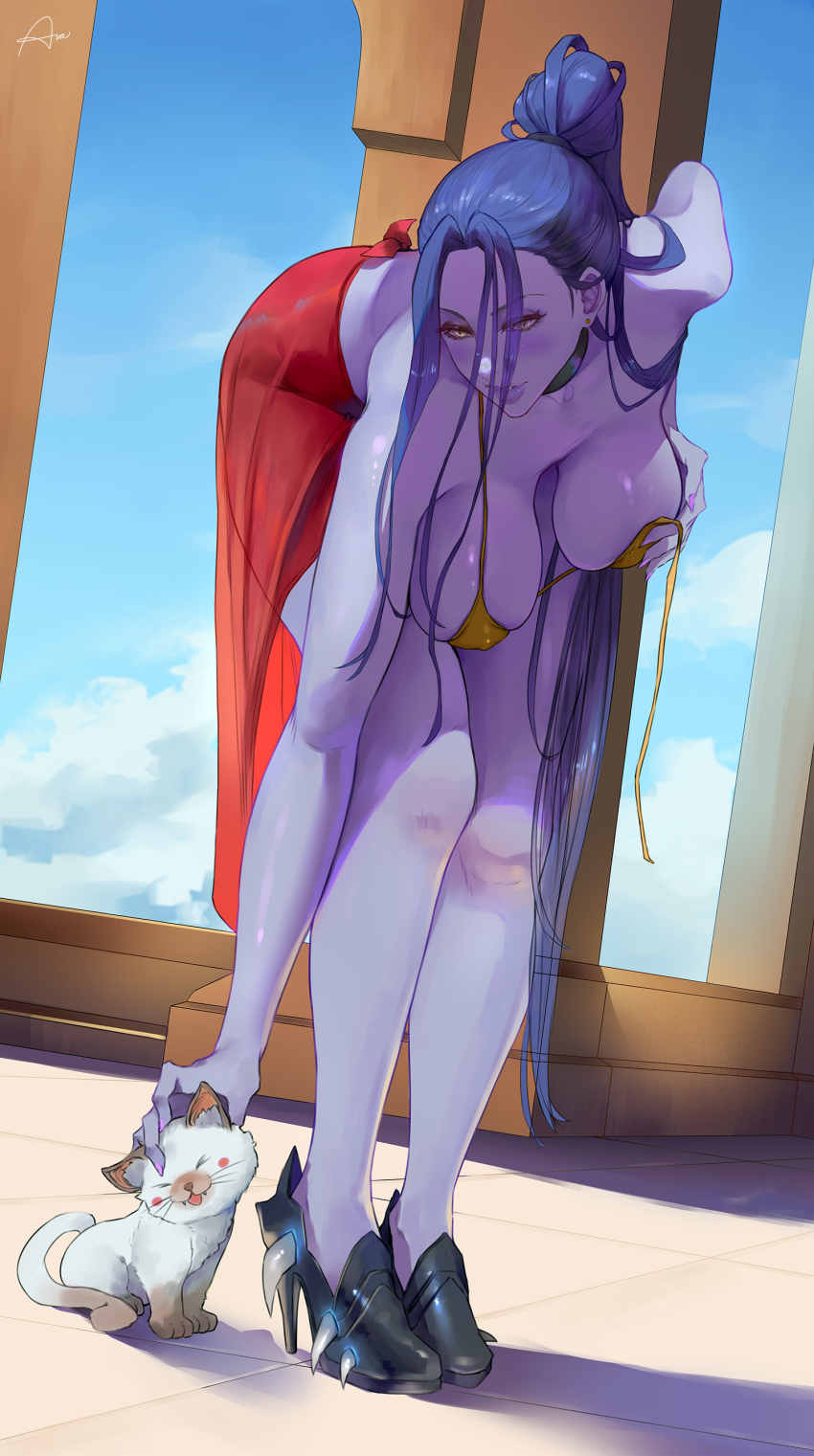 1girl absurdres araneesama bare_shoulders bent_over bikini breasts cat cleavage colored_skin covered_erect_nipples highres kitten large_breasts leaning_forward long_hair looking_at_viewer overwatch purple_skin smile solo swimsuit widowmaker_(overwatch) yellow_bikini