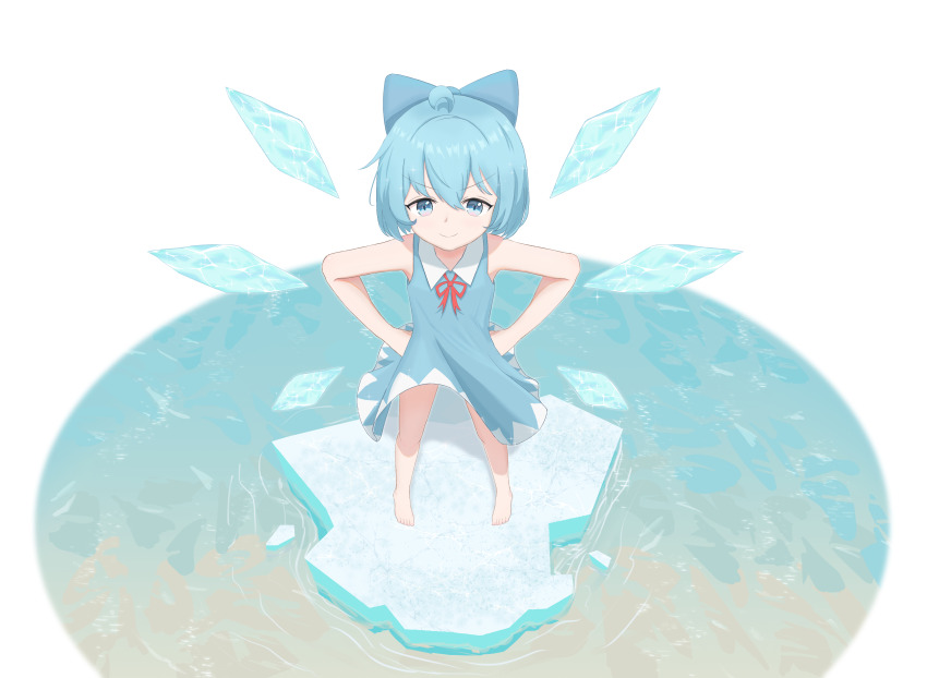 1girl absurdres ahoge barefoot bilingual_commentary blue_bow blue_dress blue_eyes blue_hair bow chinese_commentary cirno cirno_day closed_mouth collared_dress commentary_request dress eyebrows_hidden_by_hair eyelashes flat_chest from_above full_body hair_between_eyes hair_bow hands_on_own_hips highres ice ice_wings looking_at_viewer mixed-language_commentary neck_ribbon on_ice partial_commentary red_ribbon ribbon short_hair sleeveless sleeveless_dress smile solo standing touhou v-shaped_eyebrows water white_background wind wind_lift wings yumu_(14946794)