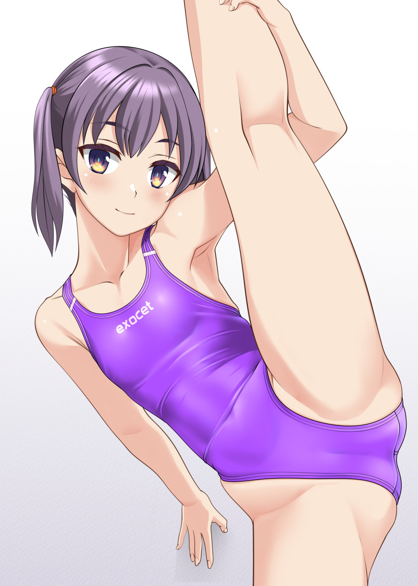 1girl absurdres breasts brown_eyes clothes_writing collarbone commentary_request competition_swimsuit covered_navel cowboy_shot gradient_background grey_background grey_hair highleg highleg_one-piece_swimsuit highres long_hair looking_at_viewer medium_breasts one-piece_swimsuit original purple_one-piece_swimsuit small_breasts solo split standing standing_on_one_leg standing_split swimsuit takafumi twintails variant_set white_background