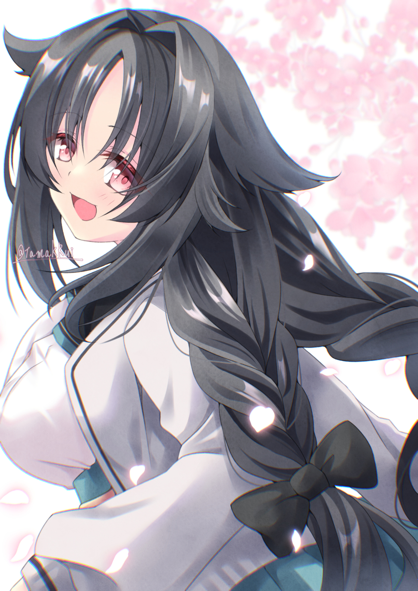 1girl artist_name azur_lane black_bow black_hair bow braid cherry_blossoms from_side green_skirt hair_bow hair_intakes highres jacket long_hair looking_at_viewer looking_to_the_side low_twin_braids official_alternate_costume ooshio_(azur_lane) ooshio_(let&#039;s_&#039;ave_lunch)_(azur_lane) open_mouth parted_bangs pink_hair school_uniform skirt smile solo tamak_rui twin_braids twitter_username white_jacket