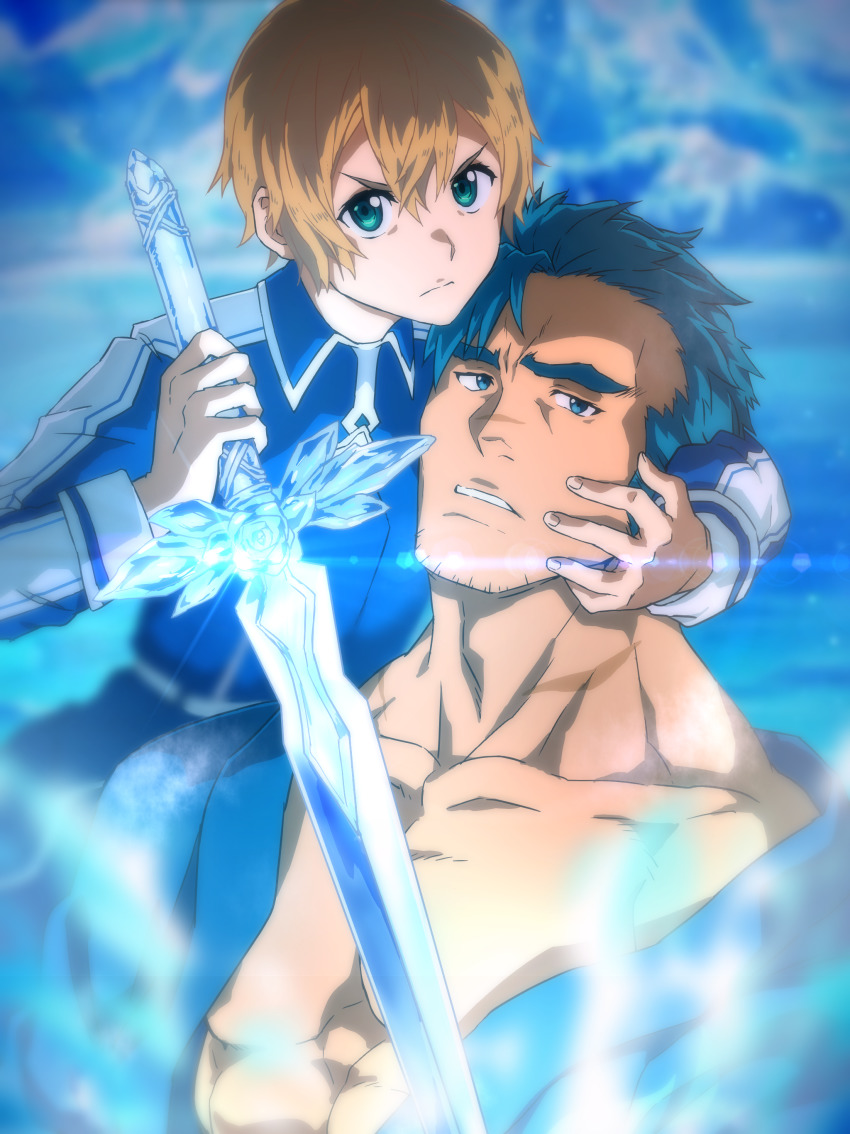 2boys absurdres bercouli_(sao) blonde_hair blue_eyes blue_hair blue_jacket blue_kimono blue_rose_sword eugeo facial_hair green_eyes hair_between_eyes hand_on_another&#039;s_cheek hand_on_another&#039;s_face highres holding holding_sword holding_weapon ice jacket japanese_clothes kimono konohanaya large_pectorals long_sleeves looking_at_viewer male_focus mature_male multiple_boys muscular muscular_male open_clothes open_kimono parted_lips pectorals scar scar_on_face scar_on_neck scar_on_nose short_hair stubble sword sword_art_online sword_art_online:_alicization thick_eyebrows uniform weapon