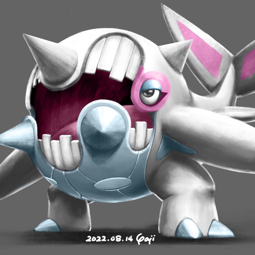 2022 20s animal august cetitan claws commentary_request creatures_(company) dated game_freak grey_background grey_eyes highres nintendo open_mouth pokemon signature spikes standing teeth tongue whale yajishin30