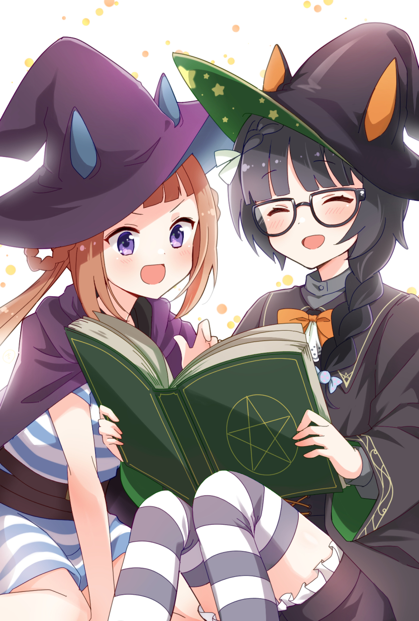 alternate_costume belt blush book braid closed_eyes enkichi_totan glasses halloween_costume hat highres open_mouth purple_eyes reading ribbon side_braid simple_background sweep_tosho_(umamusume) thighhighs twintails umamusume white_background witch_hat zenno_rob_roy_(magically_gifted_hero)_(umamusume) zenno_rob_roy_(umamusume)