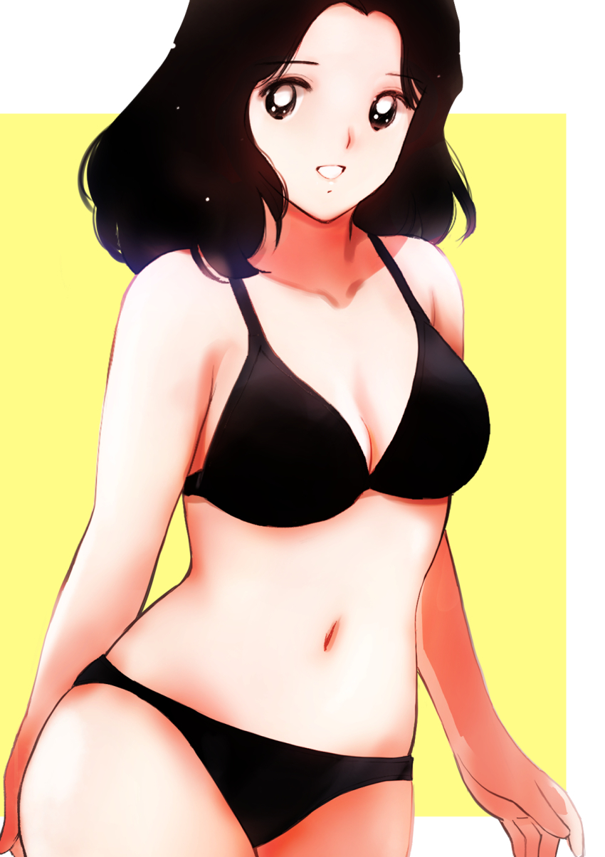 1girl :d bikini black_bikini black_eyes black_hair breasts highres kashima_miyuki medium_breasts medium_hair miyuki_(series) navel open_mouth smile solo standing swimsuit tanaka_yutaka yellow_background