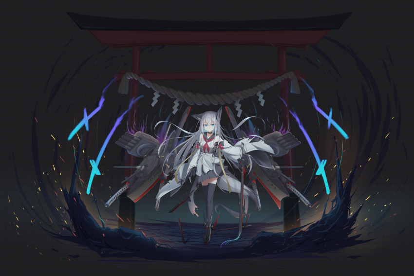 1girl absurdres alternate_costume animal_ears azur_lane black_sailor_collar black_skirt black_thighhighs blue_eyes broken broken_sword broken_weapon commentary_request dark_persona detached_sleeves floating floating_object floating_sword floating_weapon full_body grey_hair highres holding holding_sword holding_weapon kawakaze_(azur_lane) long_hair long_sleeves looking_at_viewer miniskirt multiple_swords neckerchief pale_skin pleated_skirt red_neckerchief rigging sailor_collar sheath sheathed skirt solo sword thighhighs torii very_long_hair weapon wide_sleeves yukishiro_haku