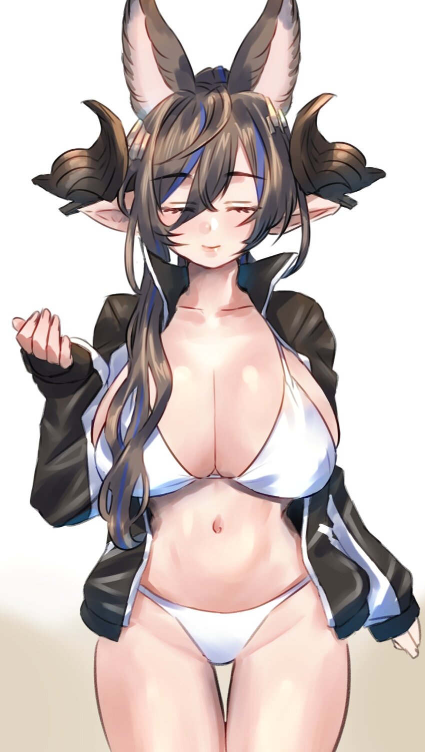 bikini black_jacket blue_hair breasts brown_horns cleavage closed_eyes closed_mouth collarbone draph extra_ears galleon_(granblue_fantasy) granblue_fantasy hair_between_eyes highres horns jacket large_breasts long_hair multicolored_hair navel open_clothes open_jacket pointy_ears ponytail quanero skindentation standing stomach streaked_hair swimsuit thigh_gap thighs white_bikini