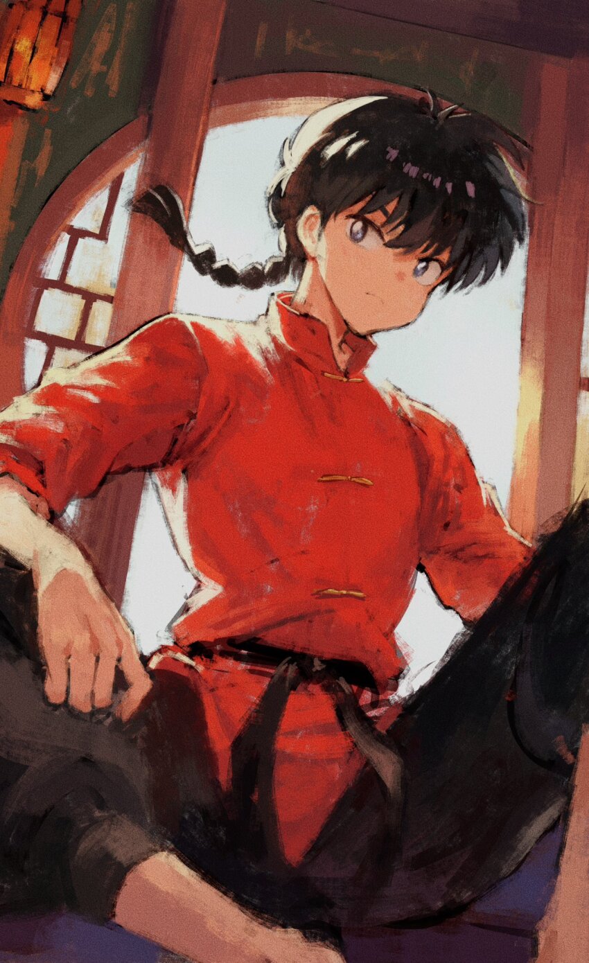 1boy black_hair black_pants braid braided_ponytail chinese_clothes closed_mouth expressionless fuyumurasaki highres lamp male_focus pants ranma_1/2 red_shirt saotome_ranma shirt single_braid sitting solo tangzhuang