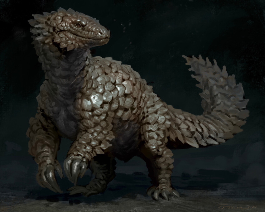 absurdres animal_focus brown_eyes brown_scales claws commentary dragon english_commentary full_body highres no_humans original painterly realistic reptile scales signature slit_pupils solo tail taran_fiddler