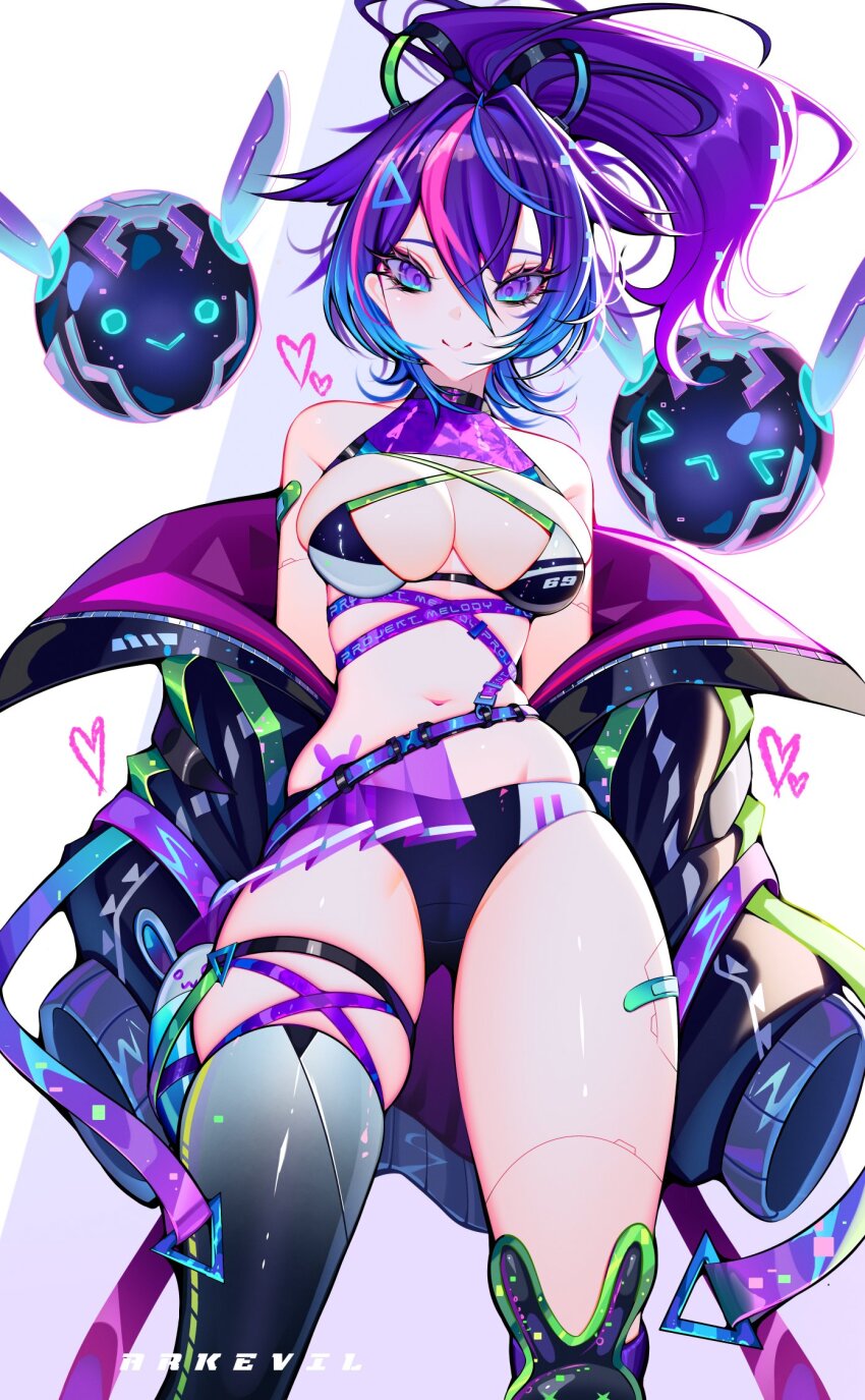 1girl ark_evil02 bandaid bandaid_on_leg bikini black_jacket blue_eyes blue_hair blush breasts cleavage collarbone hair_ornament heart highres jacket long_hair long_sleeves looking_at_viewer medium_breasts melody_(projektmelody) melody_(projektmelody)_(summer) multicolored_hair navel pink_hair ponytail purple_bikini purple_hair single_thighhigh sleeves_past_fingers sleeves_past_wrists smile streaked_hair swimsuit t0m_(projektmelody) thigh_strap thighhighs triangle_hair_ornament virtual_youtuber vshojo white_background