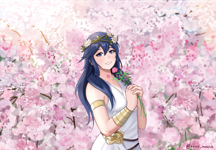 1girl armlet azure_monarch bare_shoulders blue_eyes blue_hair bracelet brand_of_the_exalt breasts cherry_blossoms cleavage clenched_teeth collarbone dress eyelashes female_focus fire_emblem fire_emblem_awakening fire_emblem_heroes flat_chest flower flower_bracelet hair_between_eyes hair_flower hair_ornament hands_up happy highres holding holding_flower intelligent_systems jewelry long_hair looking_at_viewer lucina_(fire_emblem) lucina_(valentine)_(fire_emblem) matching_hair/eyes neck nintendo official_alternate_costume outdoors own_hands_together rope_belt sidelocks sleeveless sleeveless_dress smile standing sundress teeth upper_body white_dress