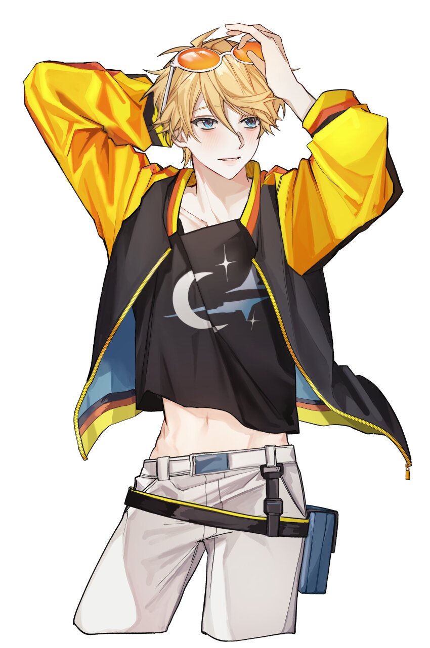 1boy absurdres black_jacket black_shirt blonde_hair blue_eyes blush eyewear_on_head hair_between_eyes highres jacket male_focus minato_fart multicolored_clothes multicolored_jacket nijisanji nijisanji_en official_alternate_costume open_clothes open_jacket orange-tinted_eyewear pants shirt simple_background smile solo sunglasses tinted_eyewear virtual_youtuber white_background white_pants yellow_jacket yu_q._wilson