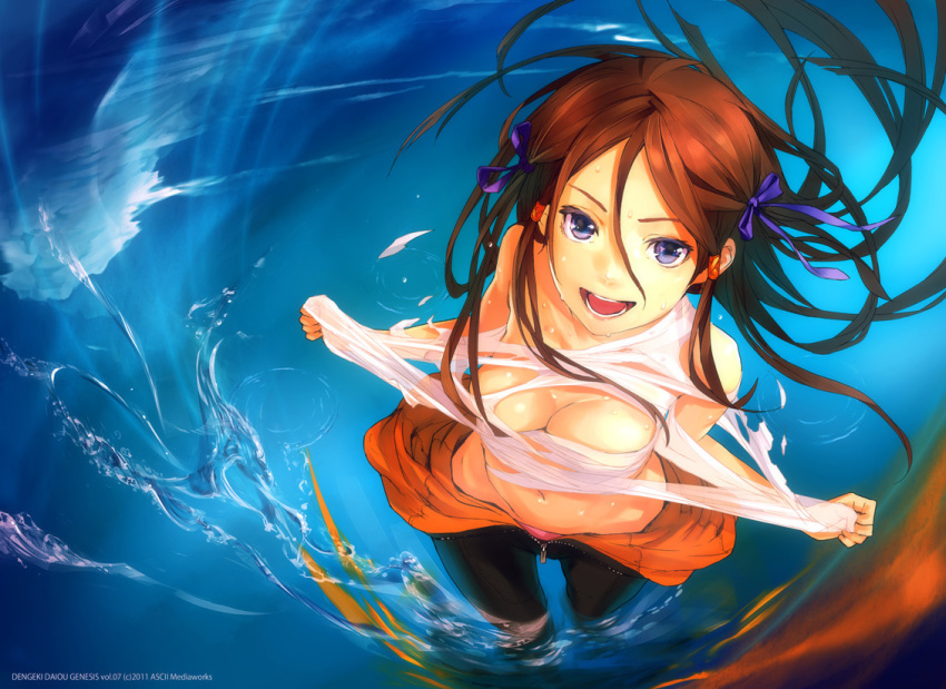 1girl blue_eyes breasts brown_hair cleavage duplicate female_focus from_above hair_ribbon jumpsuit long_hair navel open_mouth original panties pink_panties redjuice revision ribbon smile solo tearing_clothes torn_clothes two_side_up underwear undressing unzipped wading water watermark zipper