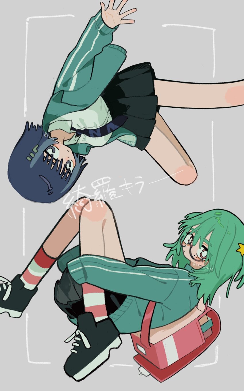 2girls backpack bag black_footwear black_necktie black_skirt blue_eyes blue_hair ebimayo_s2 foot_out_of_frame glasses green_eyes green_jacket grey_background highres jacket kira_(zutomayo) kira_killer_(zutomayo) multicolored_hair multiple_girls necktie nira-chan nira-chan_(kira_killer)_(zutomayo) randoseru red_eyes school_uniform shirt sideburns skirt socks song_name striped_clothes striped_socks two-tone_hair white_shirt zutto_mayonaka_de_ii_no_ni