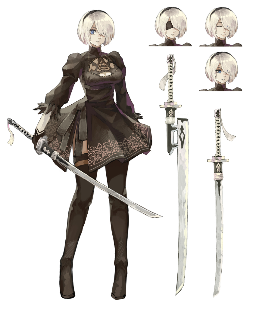 1girl absurdres black_dress blindfold blue_eyes boots character_sheet dress expressions hair_over_one_eye hairband highres holding holding_sword holding_weapon katana mole mole_under_mouth multiple_views nier_(series) nier:automata parody parted_lips short_hair smile style_parody subakeye sword thigh_boots thighhighs weapon white_background white_hair 2b_(nier:automata)