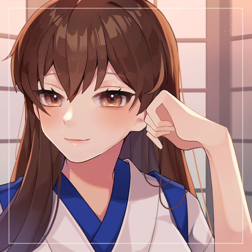 1girl alternate_hairstyle blouse blue_shirt brown_eyes brown_hair close-up commentary_request hair_down japanese_clothes kaga_(kancolle) kantai_collection kozu_(bloomme1_me) lips long_hair looking_at_viewer shirt simple_background smile solo tasuki upper_body white_shirt