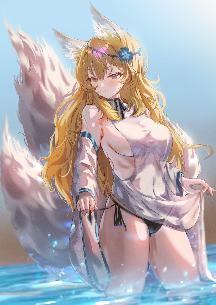 1girl animal_ears bare_shoulders bikini black_bikini blonde_hair blue_eyes blue_flower blue_sky breasts closed_mouth clothes_lift commentary_request commission cowboy_shot day detached_sleeves dress dress_lift flower fox_ears fox_girl fox_tail hair_flower hair_ornament highres large_breasts large_tail lifting_own_clothes long_hair long_sleeves looking_at_viewer multiple_tails original outdoors shuru_y side-tie_bikini_bottom sideboob skeb_commission sky smile solo swimsuit tail wading water white_dress