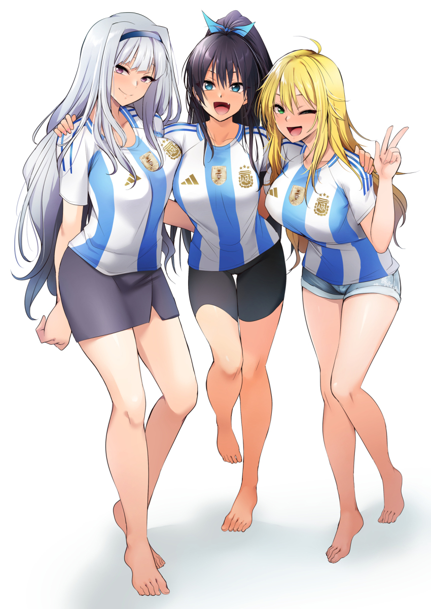 3girls :d ahoge argentina barefoot bike_shorts black_hair black_shorts black_skirt blonde_hair blue_eyes blue_ribbon blue_shorts breasts fang ganaha_hibiki green_eyes grey_hair hair_between_eyes hair_ribbon highres hoshii_miki idolmaster idolmaster_(classic) kaiga large_breasts legs long_hair multiple_girls one_eye_closed open_mouth ponytail purple_eyes ribbon shijou_takane shirt shorts skirt smile standing striped_clothes striped_shirt v vertical-striped_clothes vertical-striped_shirt white_background