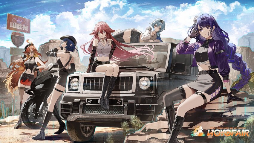 5girls ahoge animal_ears backless_outfit bare_arms bare_back bare_shoulders baseball_cap beret black_footwear black_gloves black_hat black_shorts blue_hair blue_sky boots cloud commentary crop_top day earrings elbow_gloves eula_(genshin_impact) fingerless_gloves fox_ears genshin_impact gloves grey_shirt hat highres jewelry kuga_huna mavuika_(genshin_impact) midriff miniskirt motor_vehicle multiple_girls navel official_art orange_hair pink_hair purple_eyes purple_hair raiden_shogun red_skirt shirt short_shorts shorts sitting skirt sky sleeveless sleeveless_shirt sunglasses thigh_strap yae_miko yelan_(genshin_impact)