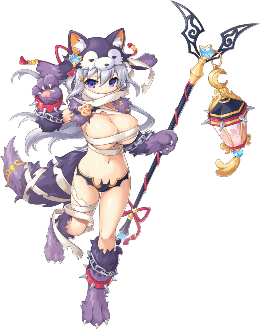 1girl animal_hands animal_hat artist_request artistic_error bandages bare_legs bat_panties breasts chain covered_mouth crescent_moon full_body game_cg hat highres lantern legend_clover long_hair lu_bu_(legend_clover) moon navel official_alternate_costume official_art purple_eyes revealing_clothes spikes staff tail third-party_source transparent_background wolf_tail