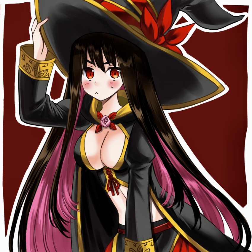 1girl :&lt; black_hair black_hat black_robe black_skirt blush bo_(774berry) breasts cleavage colored_inner_hair commentary_request flower hat highres idola_avorn large_breasts large_hat long_hair long_skirt multicolored_hair pink_flower pink_hair pink_rose red:eyes robe rose sentai_red_ga_isekai_de_boukensha_ni_naru skirt solo sweatdrop two-tone_hair very_long_hair witch_hat