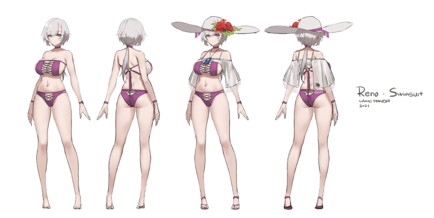 ass azur_lane barefoot bikini breasts choker cleavage cross-laced_clothes flower full_body grey_hair hat hat_flower highres large_breasts large_hat multiple_views navel pandea_work purple_bikini purple_choker purple_eyes purple_footwear reno_(azur_lane) reno_(summer_spin-off)_(azur_lane) rose see-through_clothes short_hair sun_hat swimsuit white_background